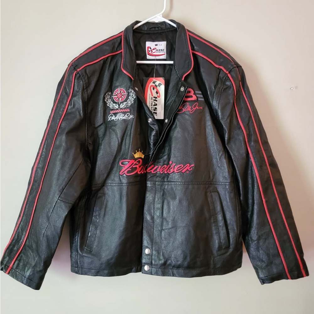 Budweiser Black and Red Leather Bomber Jacket